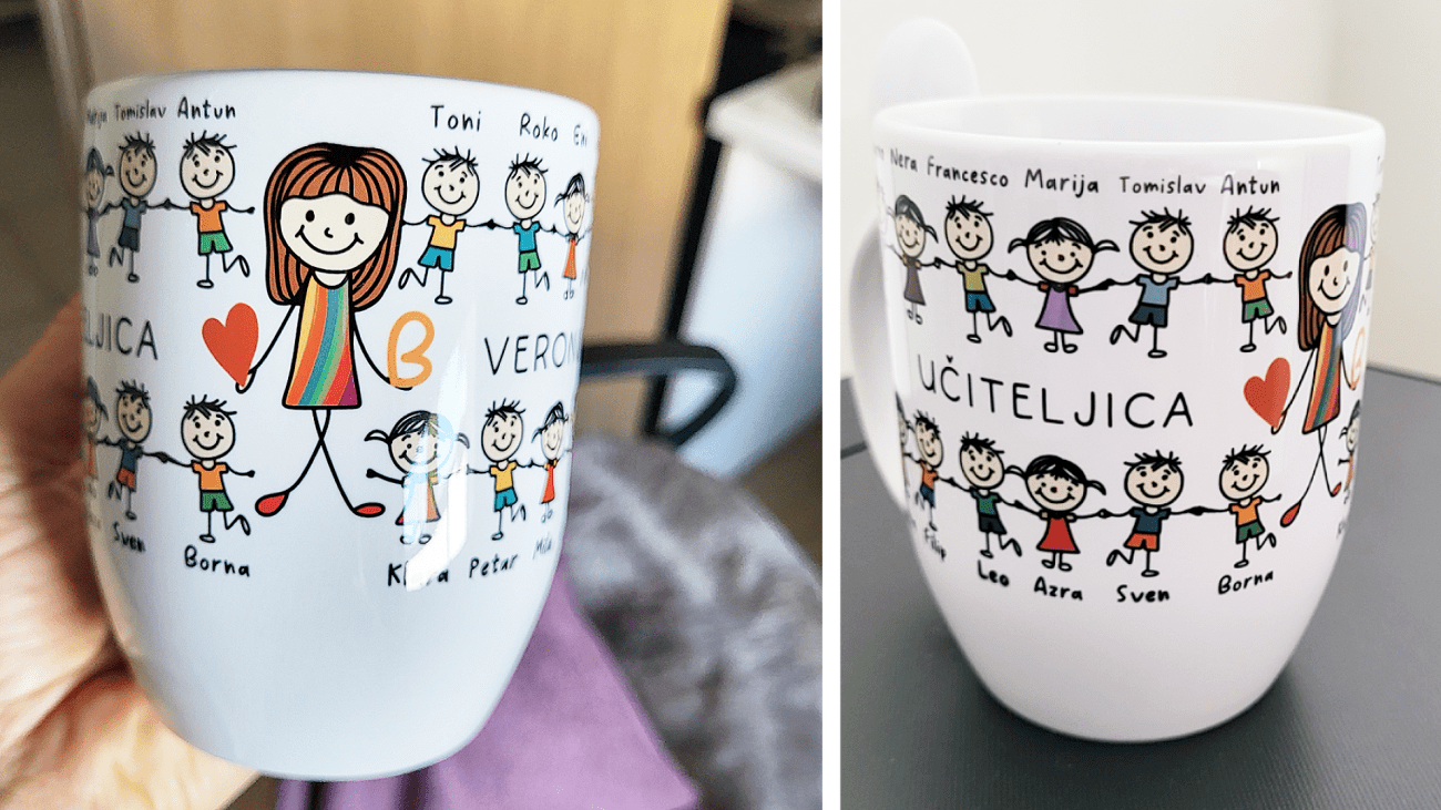 personalizirane šalice, poklon za učiteljicu, šalica sa slikom razreda, personalizirani pokloni Hrvatska, poklon za kraj školske godine.